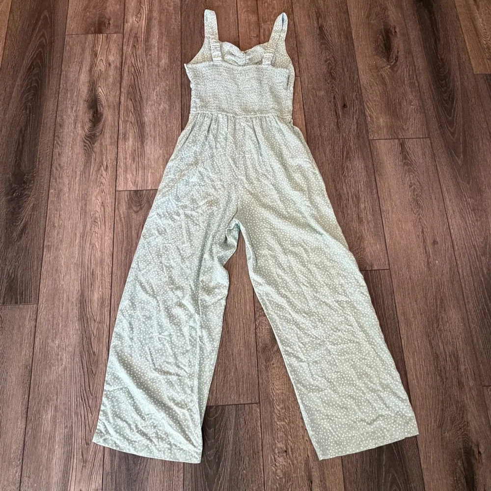Jessica Simpson Seafoam Polka Dot Smocked Wide Leg Jumpsuit w/Pockets Size S - Picture 6 of 16